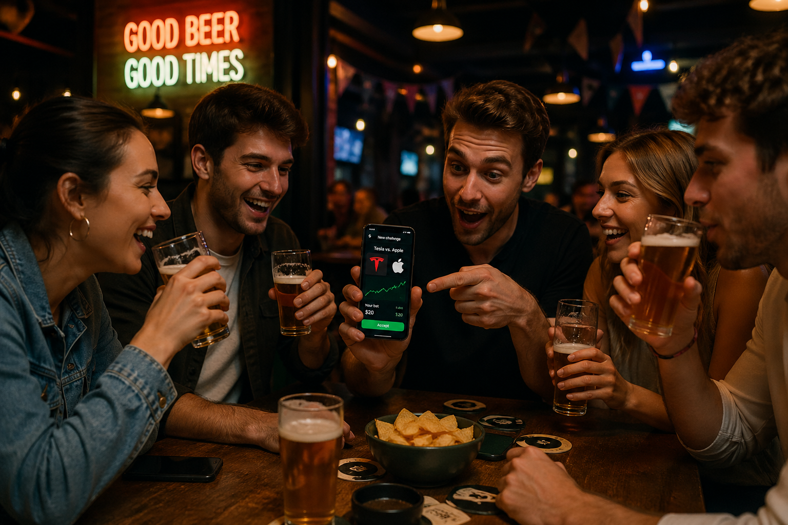Amici al pub che usano BetYourBeer durante una serata